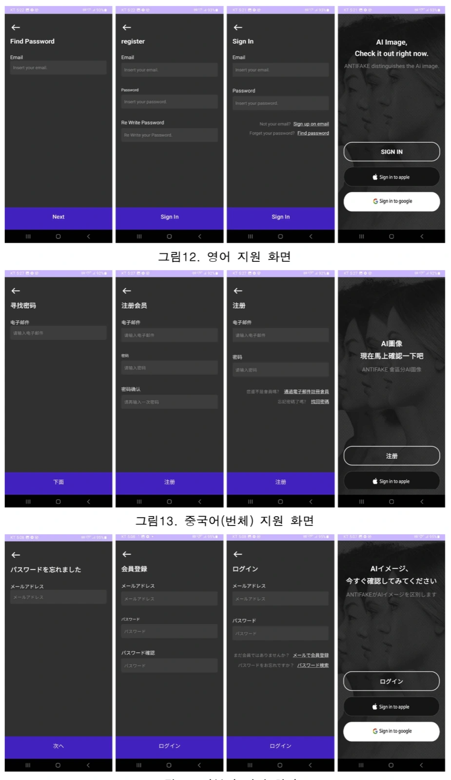 AntiFake 앱의 영어·중국어(번체)·일본어 화면 모음. 각 언어별로 비밀번호 찾기, 회원가입, 로그인, 시작 화면이 나란히 놓여 있다.