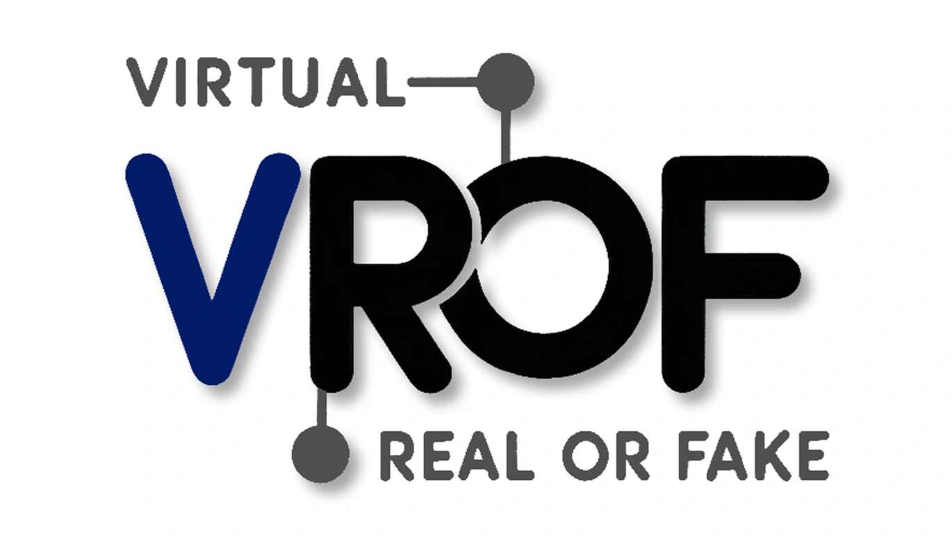 브이로프 회사 로고. 가운데 대문자 VROF가 놓이고, 왼쪽 위의 VIRTUAL과 오른쪽 아래의 REAL OR FAKE가 각각 가는 선과 원으로 VROF에 연결돼 있다. V는 남색, ROF는 검정이다.