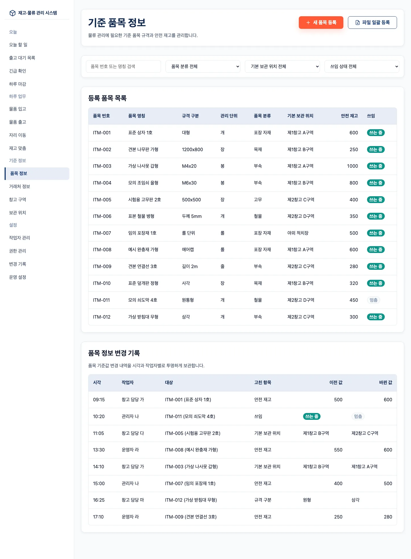 오른쪽 위에 새 품목 등록과 파일 일괄 등록 단추가 있고, 중앙에는 기본 보관 위치와 안전 재고, 쓰임 구분을 표시한 등록 품목 목록 표가 있다. 그 아래에는 시각, 작업자, 대상, 고친 항목, 이전 값과 바뀐 값을 적은 품목 정보 변경 기록 표가 놓여 있다.