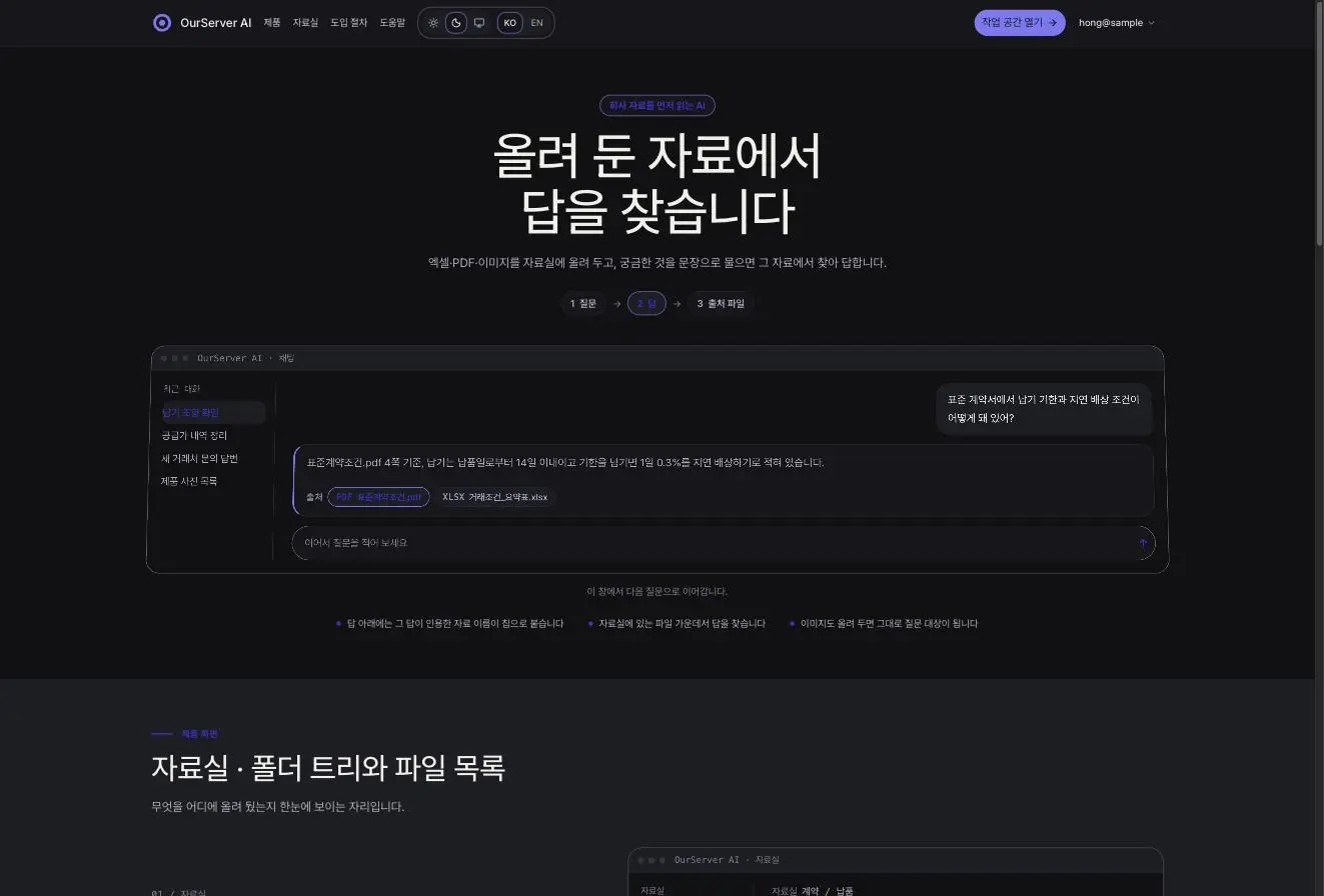 OurServer AI 첫 화면(랜딩). 「올려 둔 자료에서 답을 찾습니다」라는 제목과 「엑셀·PDF·이미지를 자료실에 올려 두고, 궁금한 것을 문장으로 물으면 그 자료에서 찾아 답합니다」라는 설명, 질문→답→출처 세 단계 표시가 있고, 그 아래 표준계약조건.pdf 납기 조항을 인용한 채팅 예시 창과 「자료실 · 폴더 트리와 파일 목록」 절이 이어진다.